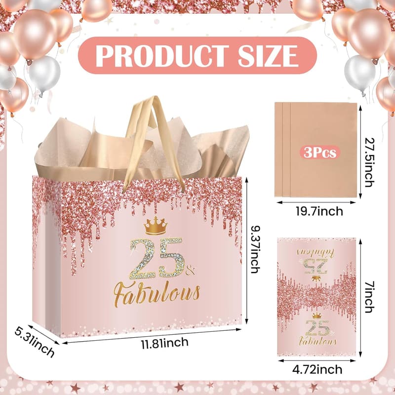 25th Birthday Gift Bag Set for Women - Rose Gold & Pink