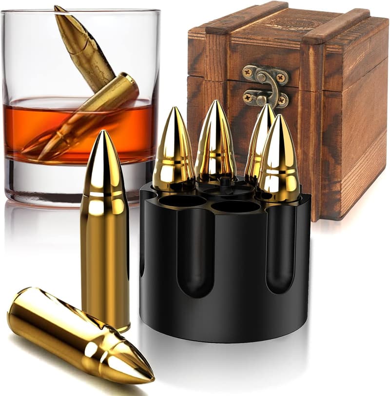 Whiskey Gift Set for Men - Stainless Steel Bullet Stones & Wooden Case