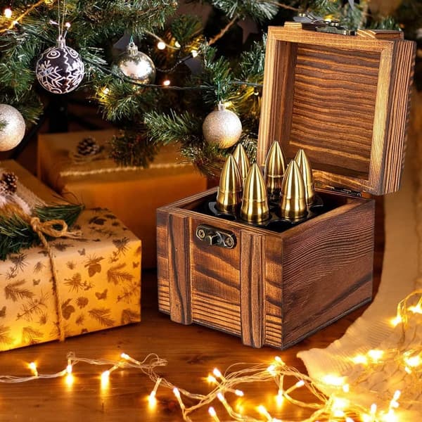 Whiskey Gift Set for Men - Stainless Steel Bullet Stones & Wooden Case