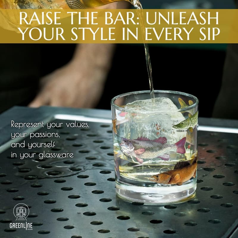 Fishing Glass Set - 10 oz Whiskey Glasses with Fish Designs - Set of 2