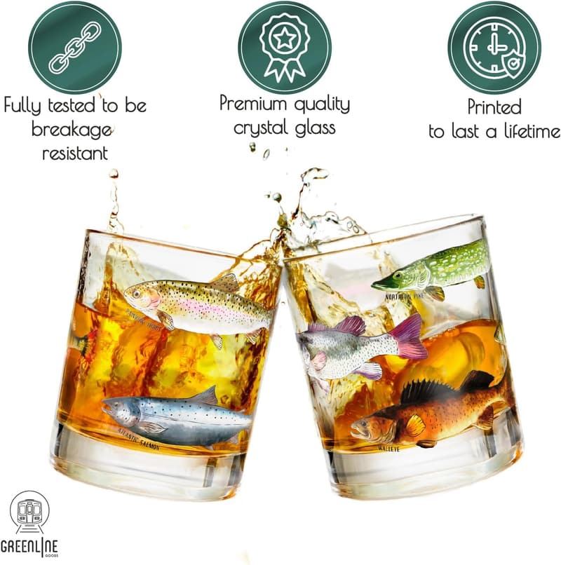 Fishing Glass Set - 10 oz Whiskey Glasses with Fish Designs - Set of 2