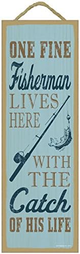 Fisherman Wood Plaque Sign with Fishing Rod & Fish Image