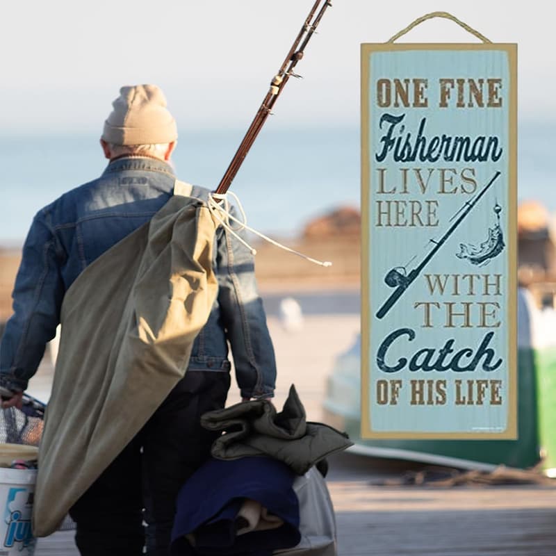 Fisherman Wood Plaque Sign with Fishing Rod & Fish Image