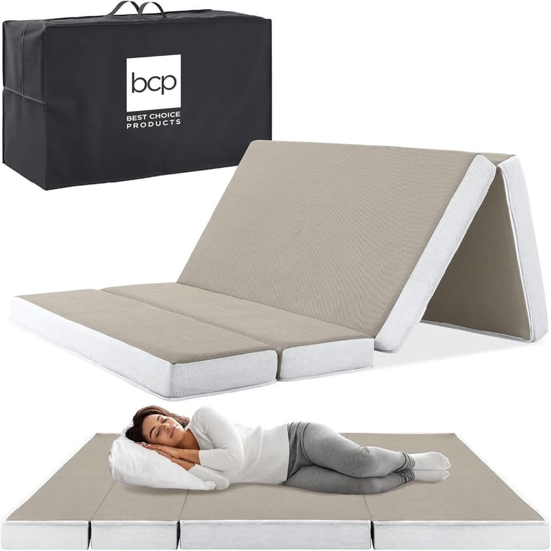 Portable Tri-Fold Foam Mattress for Camping & Guests - Taupe