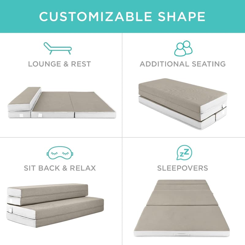 Portable Tri-Fold Foam Mattress for Camping & Guests - Taupe