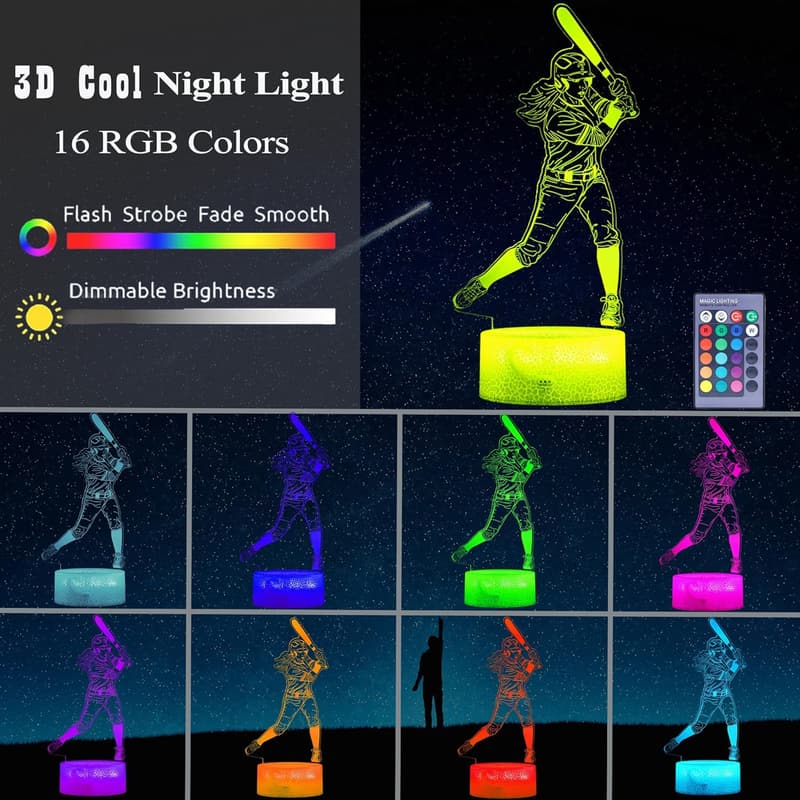 3D Softball Night Light with Remote - Color Changing Lamp for Girls