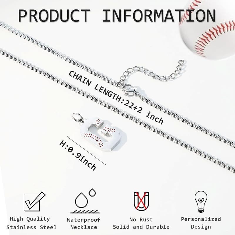 Personalized Baseball Initial Necklace for Men - Stainless Steel