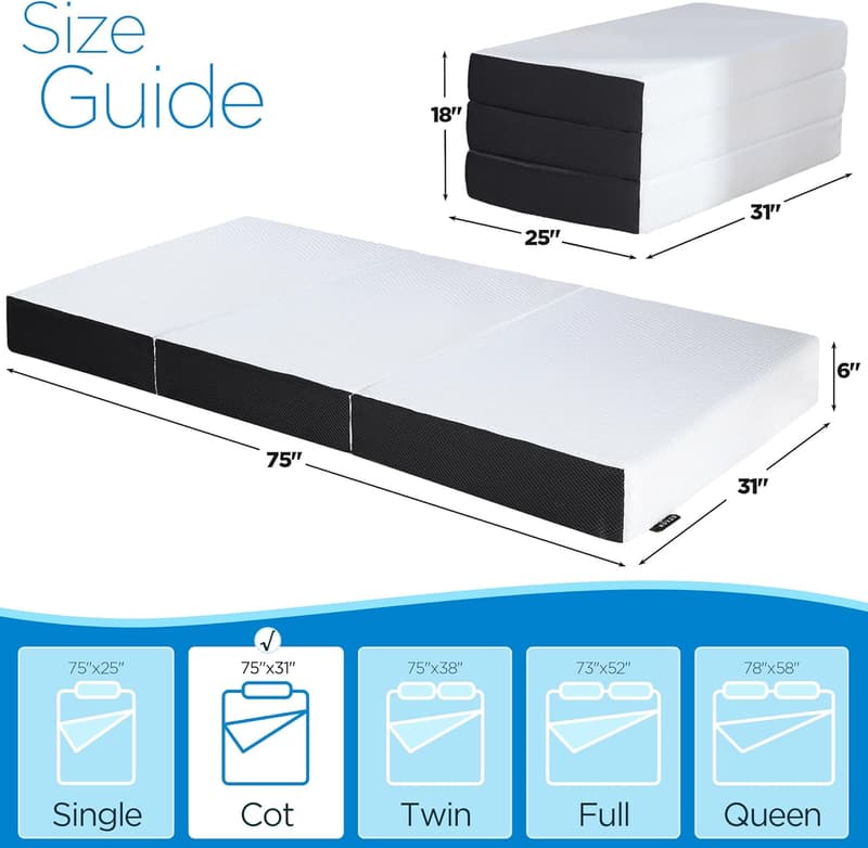Tri-fold Memory Foam Mattress Topper for Dorm & Camping, 6