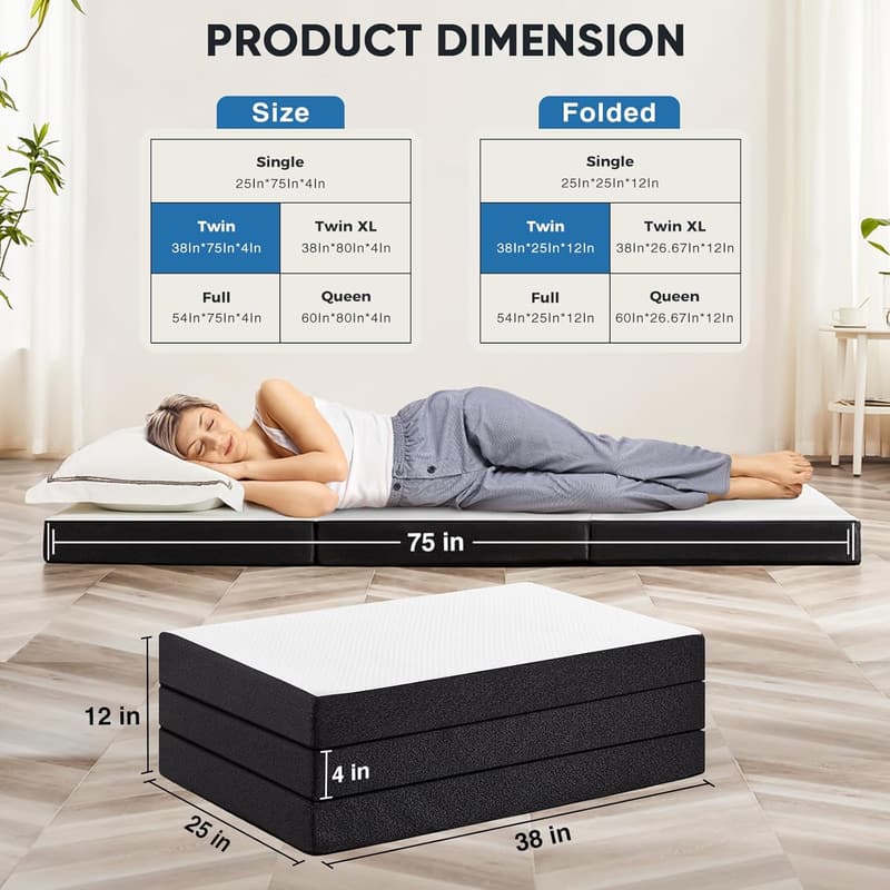 Portable Tri-fold Memory Foam Mattress - 4 Inch Twin Size