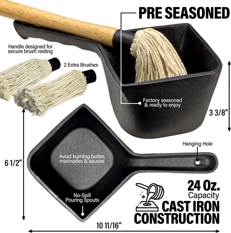 Small Cast Iron Basting Pot with BBQ Mop Brush for Grilling