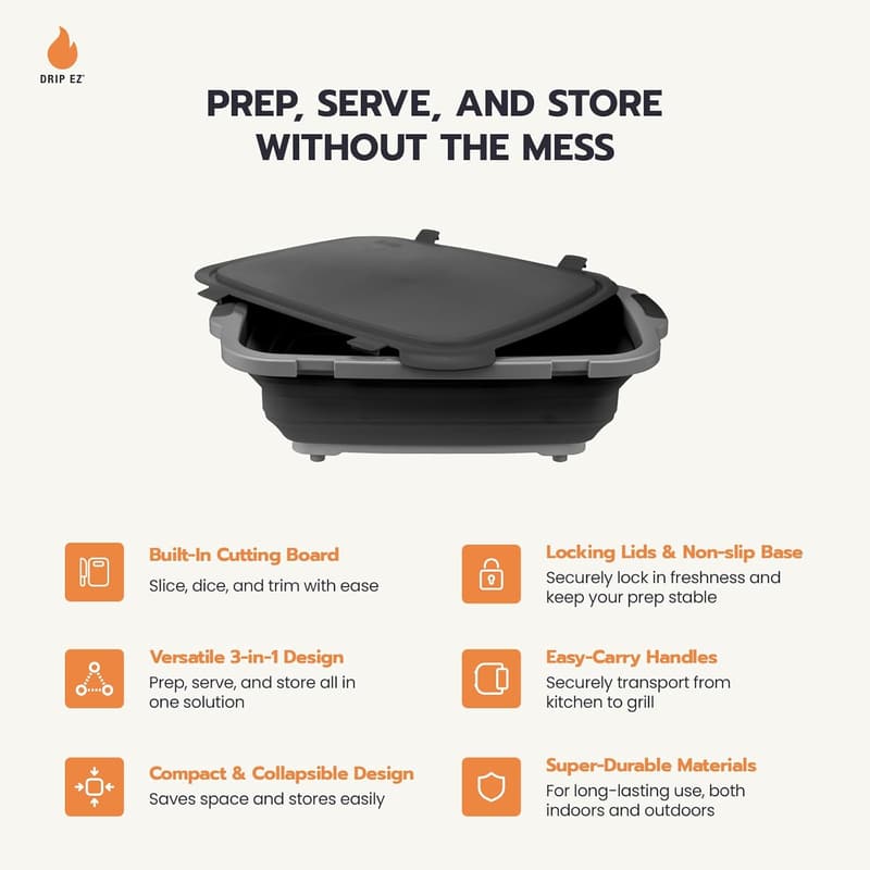 XL Drip EZ Collapsible BBQ Prep Tub with Cutting Board - Black