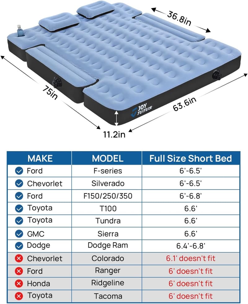 Truck Air Mattress with Inflatable Pillow for Camping (6.4-6.7 Ft)