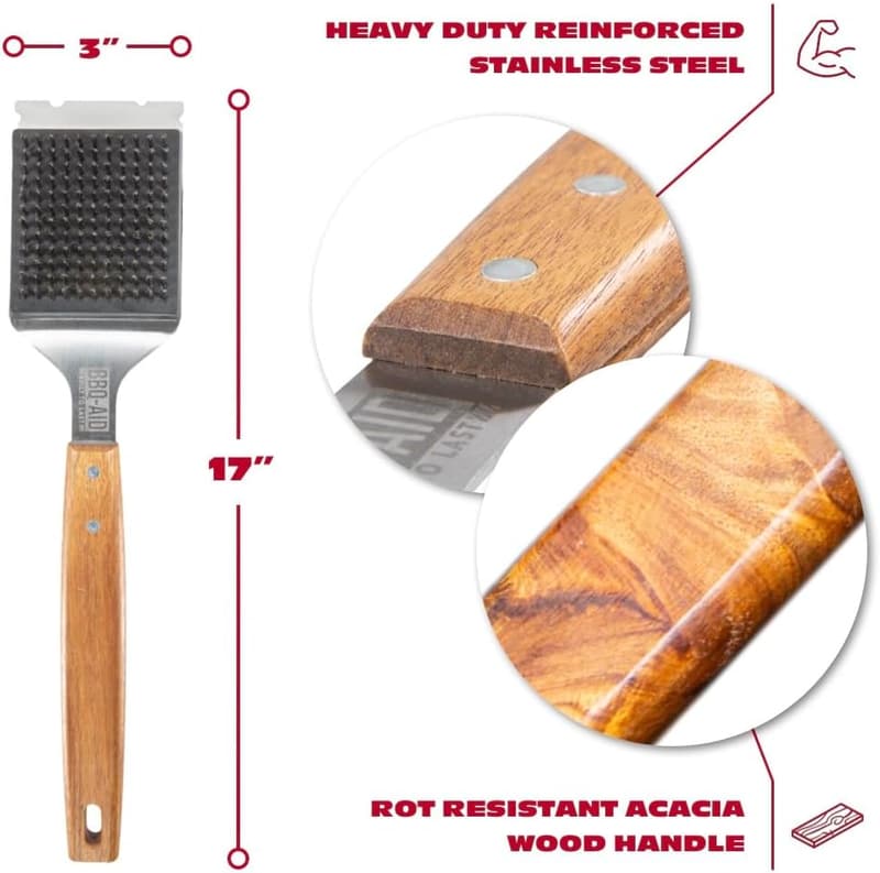 BBQ Grill Brush with Extendable Wooden Handle & Replaceable Bristles
