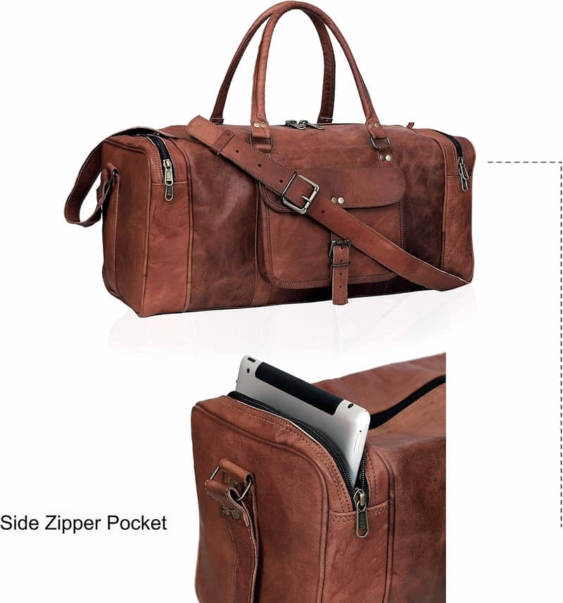 Brown Genuine Leather Weekend Duffel Bag for Men