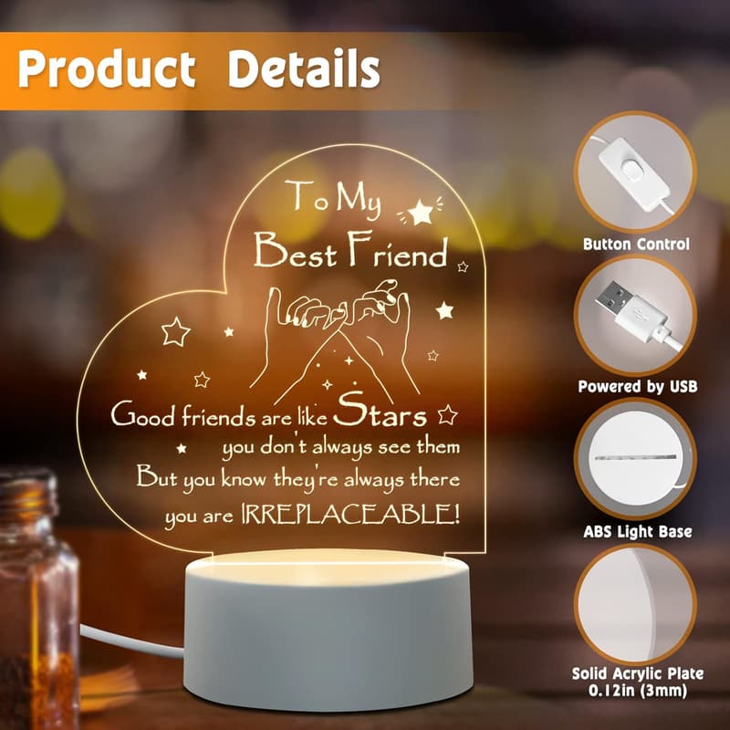 Engraved Heart-Shaped Night Light - Friendship Gift for Women