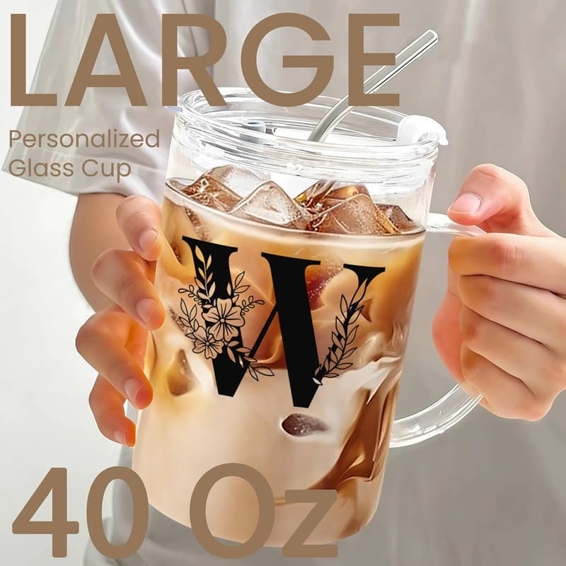 Extra Large Personalized Glass Tumbler with Lid & Straw for Women