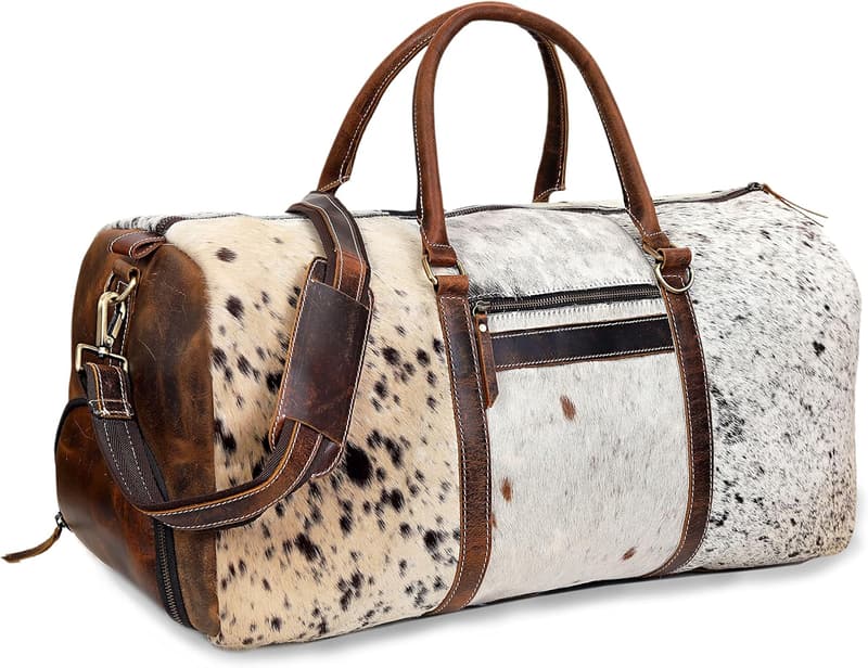 Unisex Brown Leather Cowhide Duffel Bag for Travel