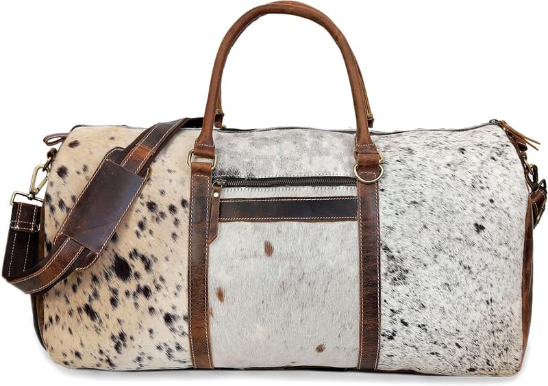 Unisex Brown Leather Cowhide Duffel Bag for Travel