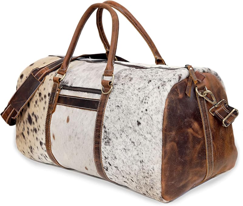 Unisex Brown Leather Cowhide Duffel Bag for Travel