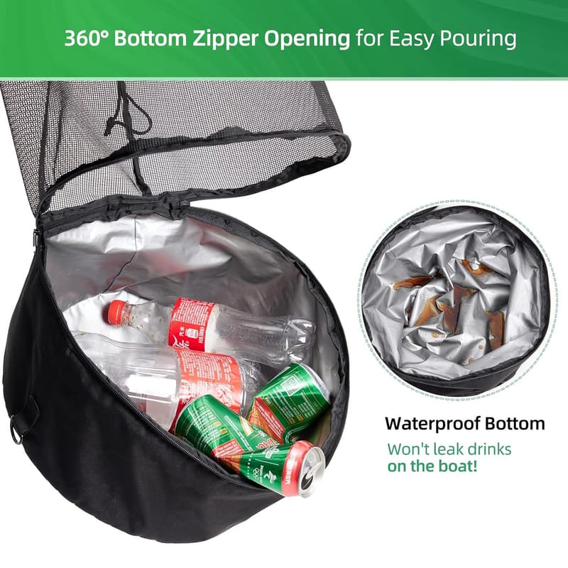 Large Portable Boat Trash Bag with Bottom Zipper - Black