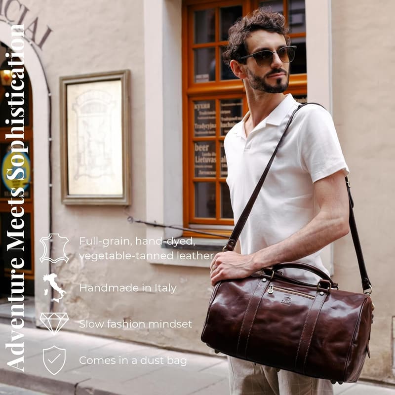 Unisex Brown Full Grain Leather Weekender Duffel Bag