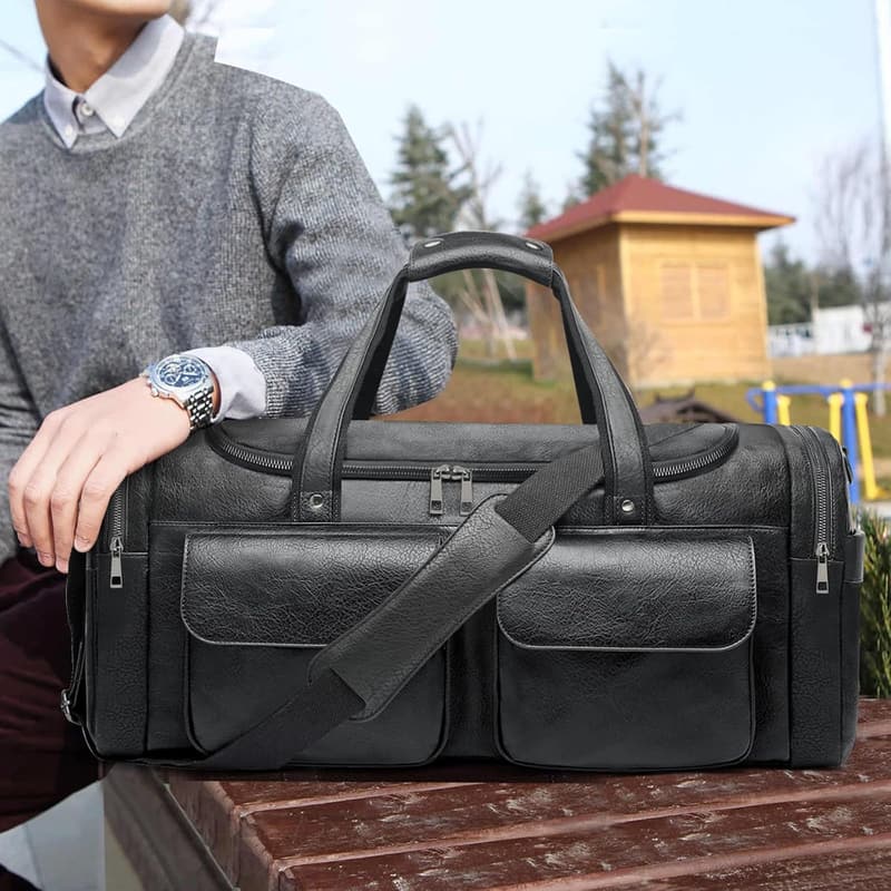Large PU Leather Travel Duffel Bag with Shoe Compartment