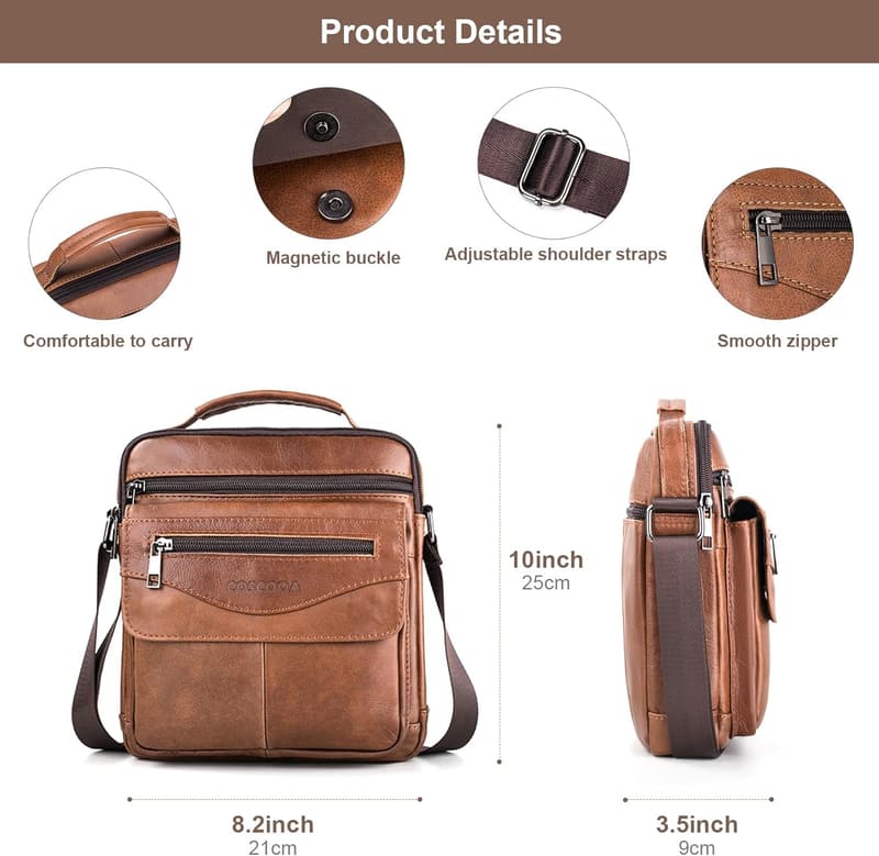 Men's Leather Messenger Crossbody Bag for Travel