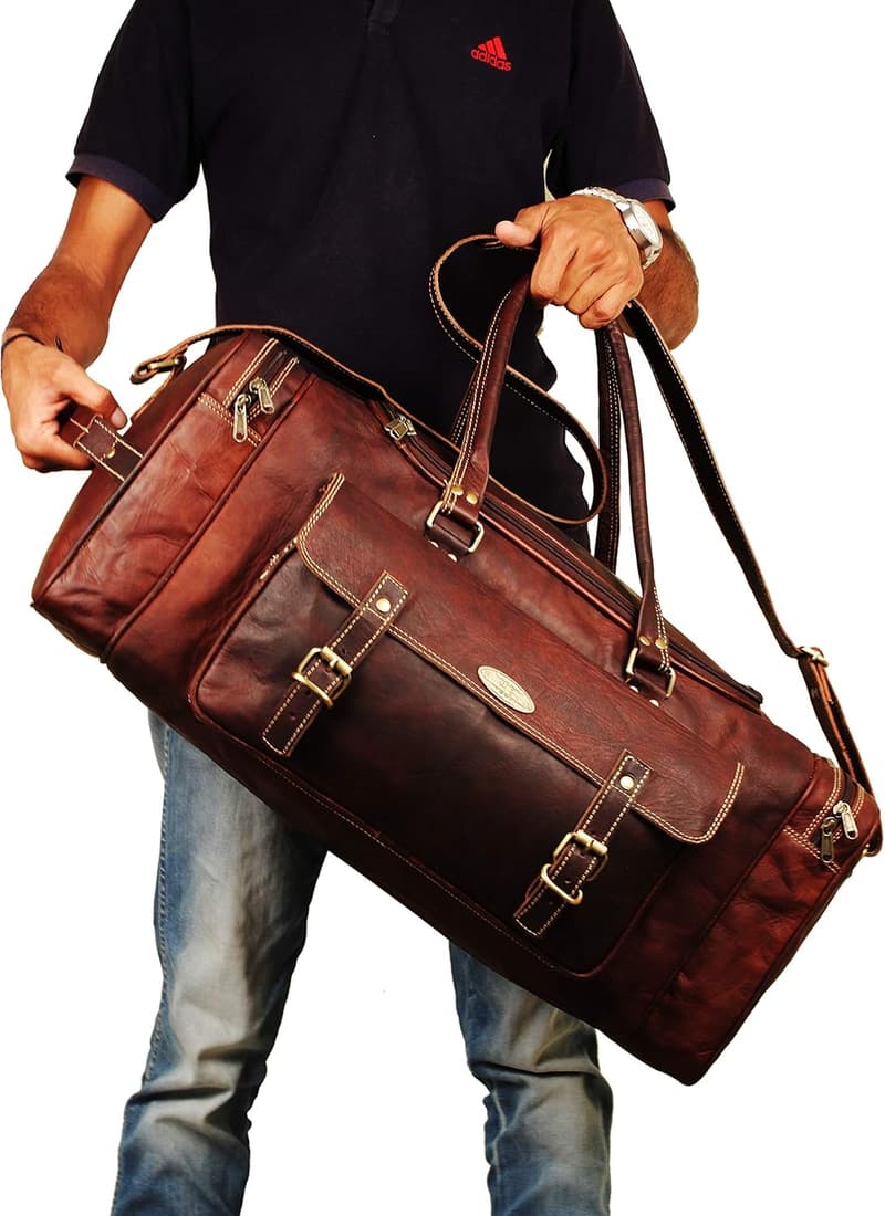 Vintage Leather Duffle Bag for Men - 24-Inch Weekender Travel Holdall