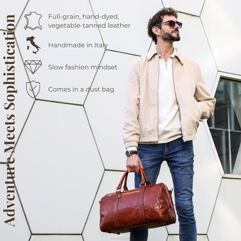Unisex Brown Full Grain Leather Weekender Duffel Bag