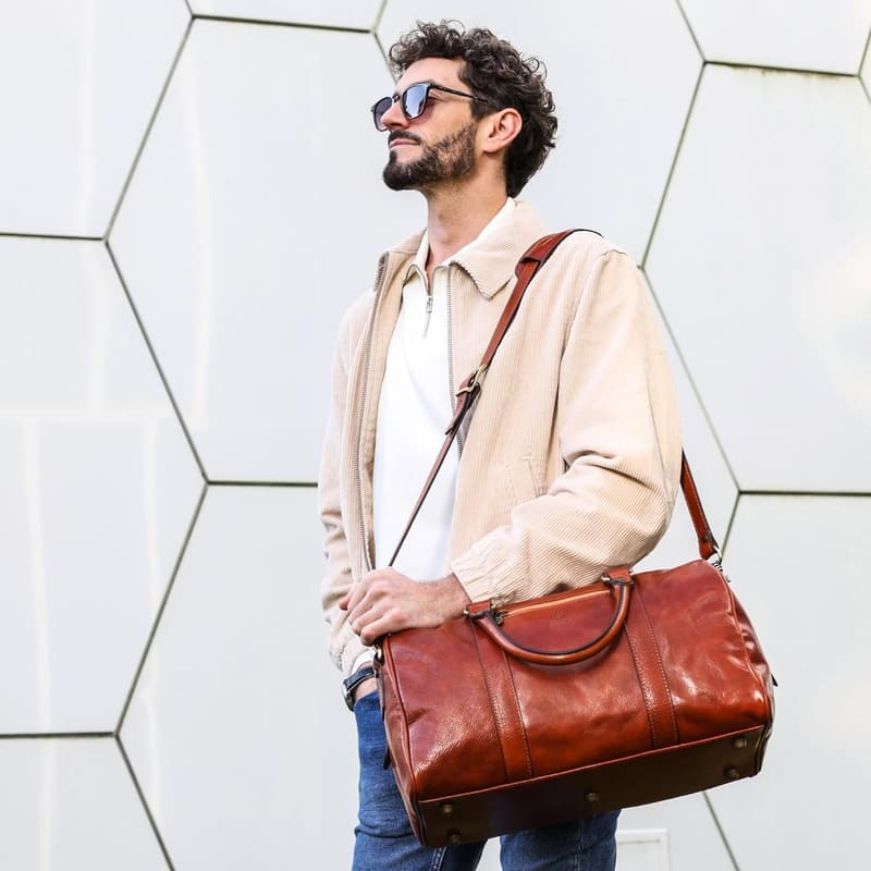 Unisex Brown Full Grain Leather Weekender Duffel Bag