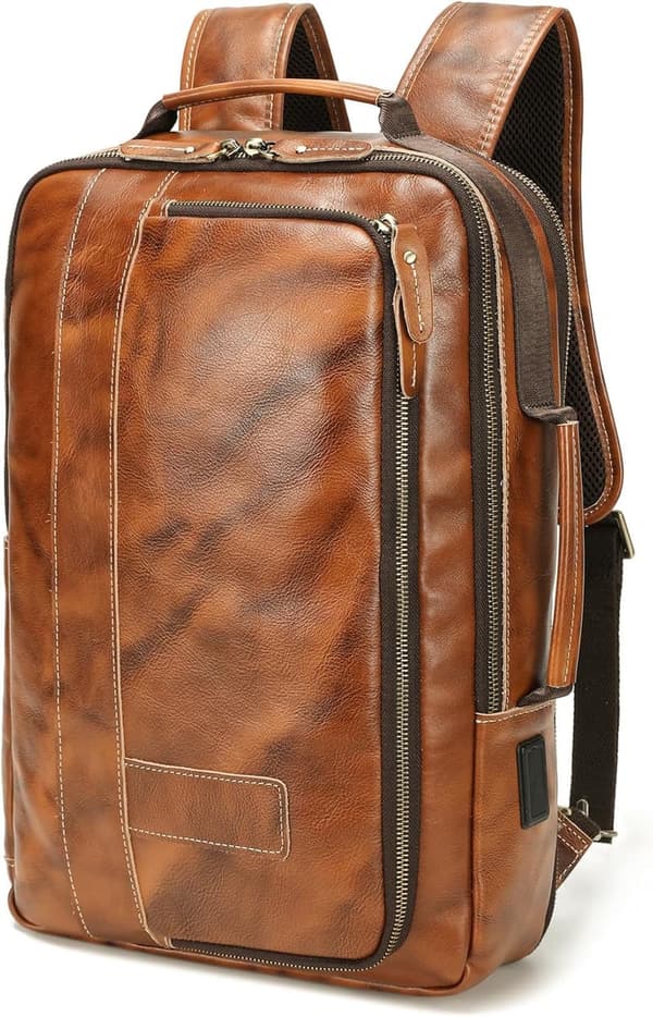 Men's Expandable Vegetable-Tanned Leather Backpack for 15.6