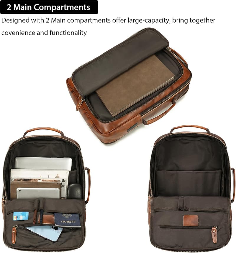 Men's Expandable Vegetable-Tanned Leather Backpack for 15.6