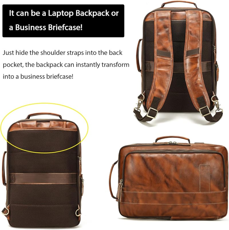Men's Expandable Vegetable-Tanned Leather Backpack for 15.6