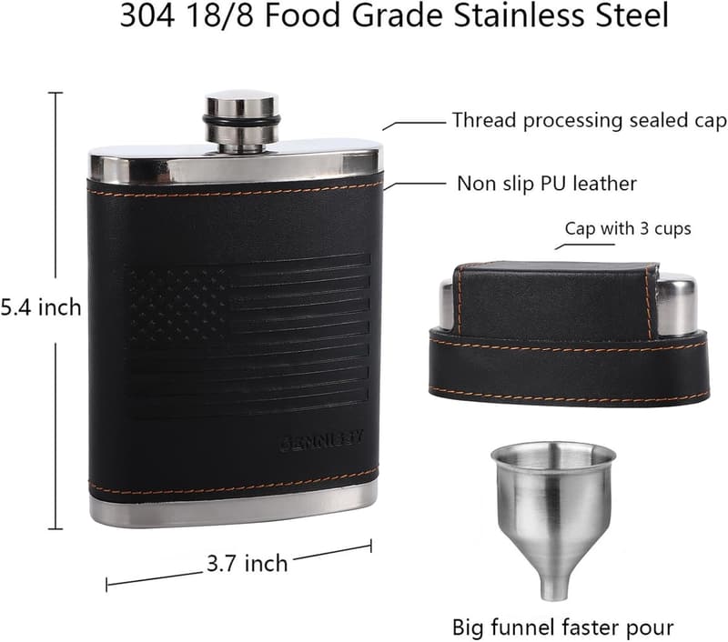 Men's 8oz Stainless Steel Hip Flask with Leather Wrap and Funnel