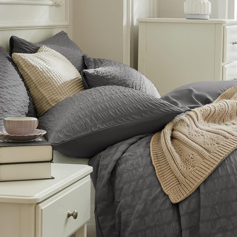 Charcoal Grey Seersucker Pillowcases Set of 2, Soft Microfiber