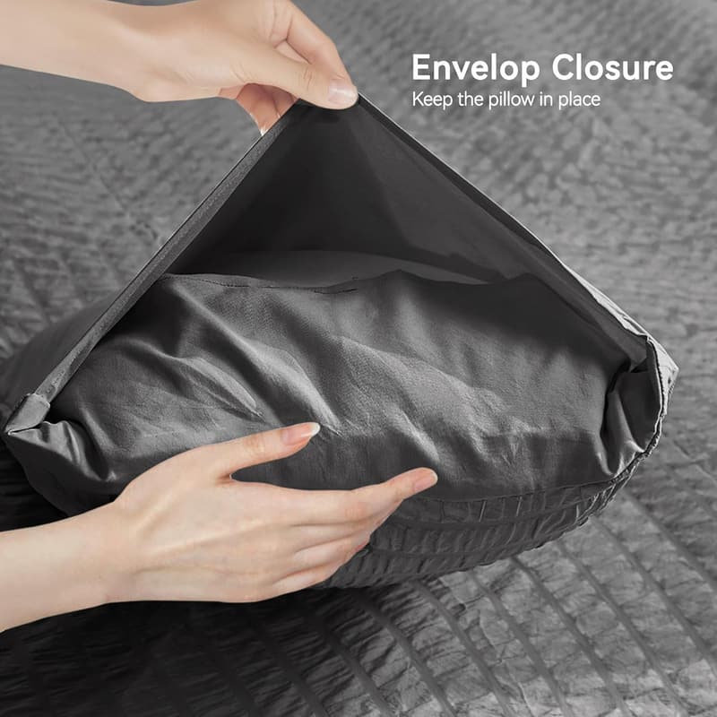 Charcoal Grey Seersucker Pillowcases Set of 2, Soft Microfiber