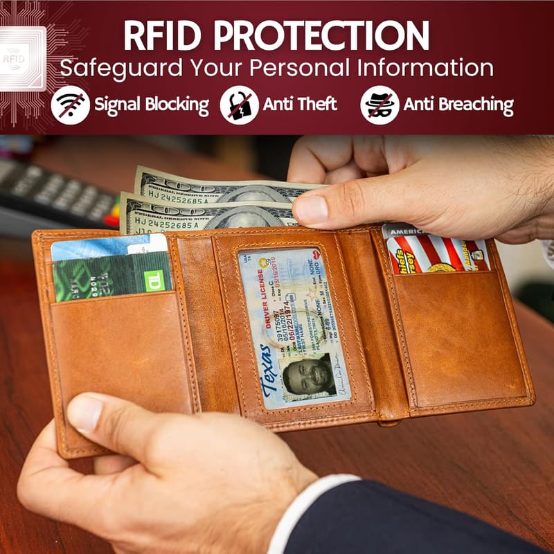 Men's Genuine Leather RFID Trifold Wallet - Card & Cash Holder