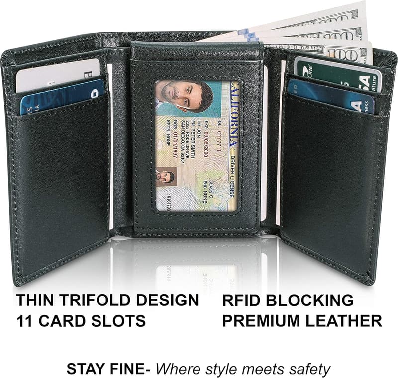 Men’s Leather RFID Trifold Wallet with ID Flip-Up - Black