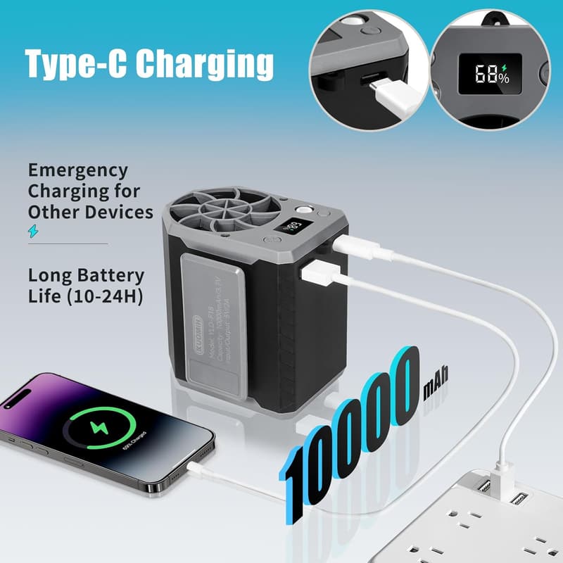Rechargeable Waist Fan with Clip, 24H Hands-Free Outdoor Use