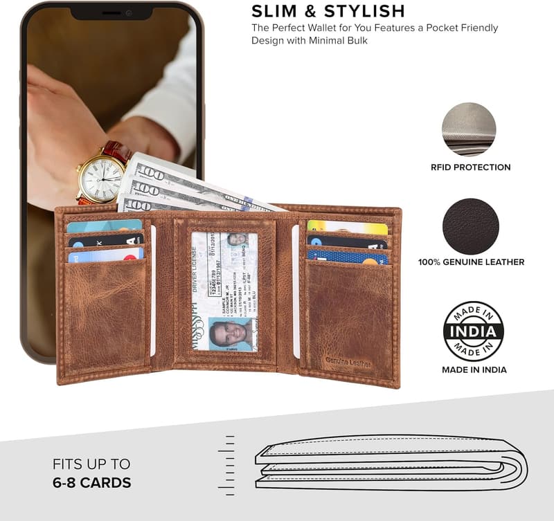 Slim RFID Leather Wallet for Men - Minimalist Tri-Fold Design