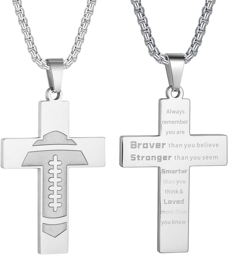 Football Cross Necklace - Inspirational Pendant, Stainless Steel