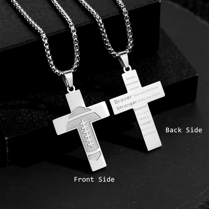 Football Cross Necklace - Inspirational Pendant, Stainless Steel