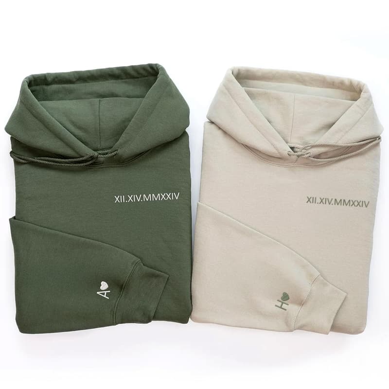 Matching Embroidered Roman Numeral Hoodies for Couples