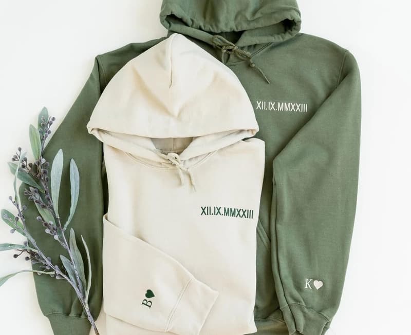 Matching Embroidered Roman Numeral Hoodies for Couples