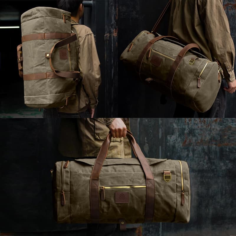 Vintage Grey Waxed Canvas Duffle Bag for Men with Shoe Compartment