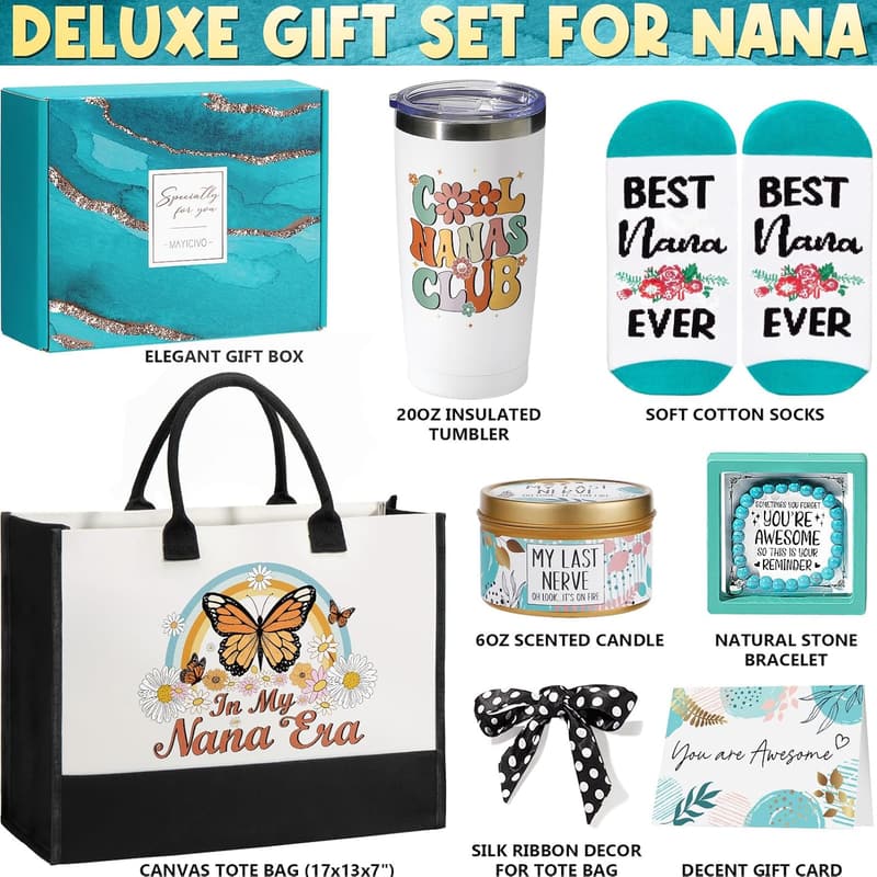 Grandma Gift Set: Tote, Tumbler, Candle, Bracelet & Socks