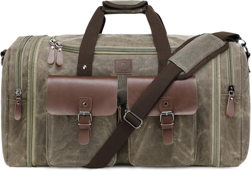 50L Men's Waxed Canvas Duffel Bag with Leather Trim