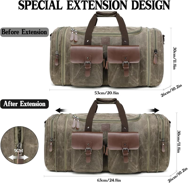 50L Men's Waxed Canvas Duffel Bag with Leather Trim
