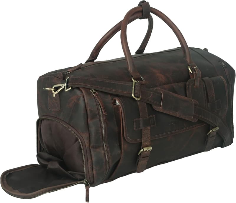 Genuine Leather Duffel Bag with Shoe Compartment for Men