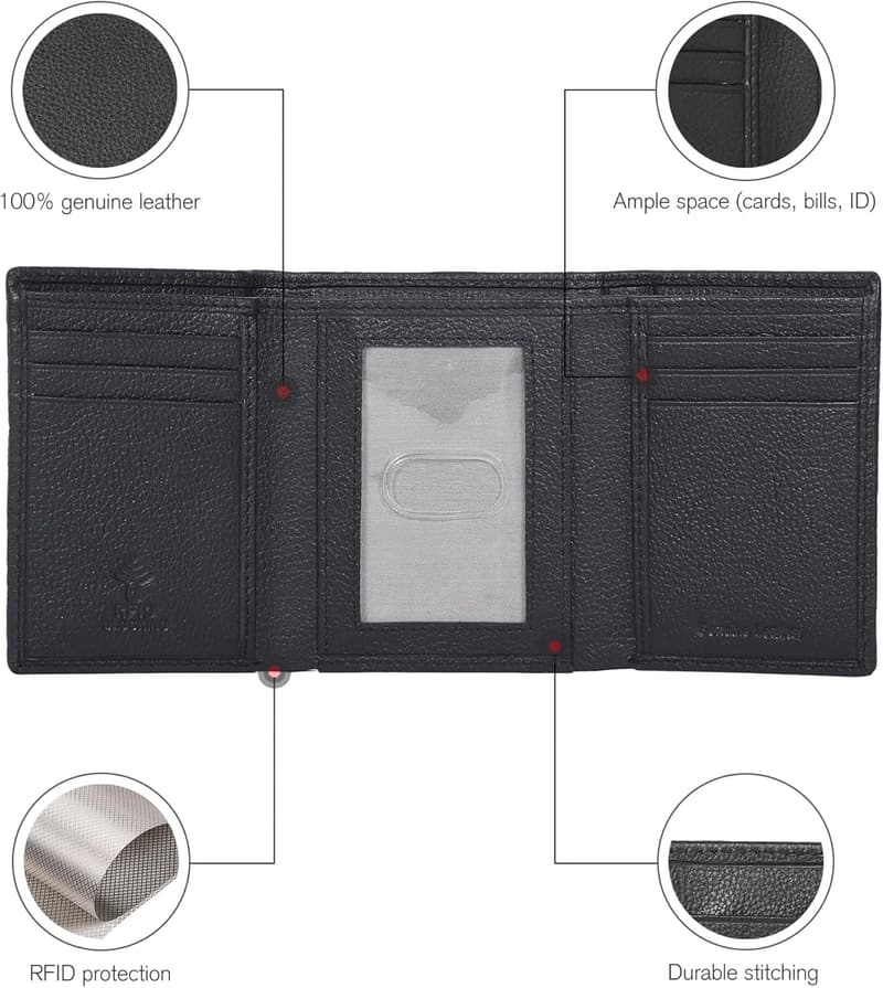 Men's RFID Blocking Leather Trifold Wallet - Slim Design, 6 Card Slots